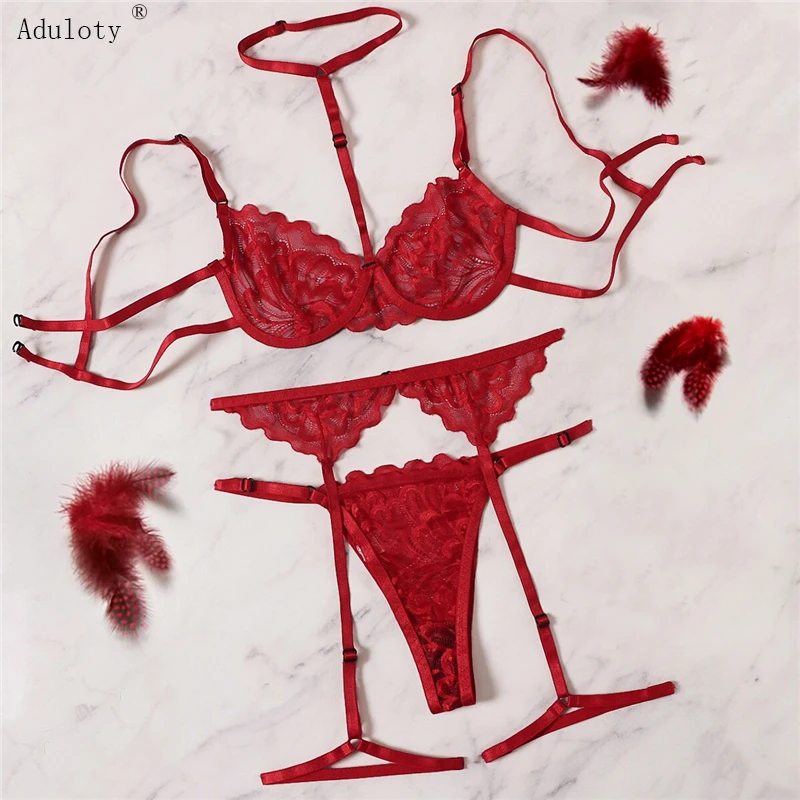 Aduloty Red Floral Lace Garter Lingerie Set With Choker Women Intimates 2022 Underwire Bra And Thongs Ladies Underwear Set