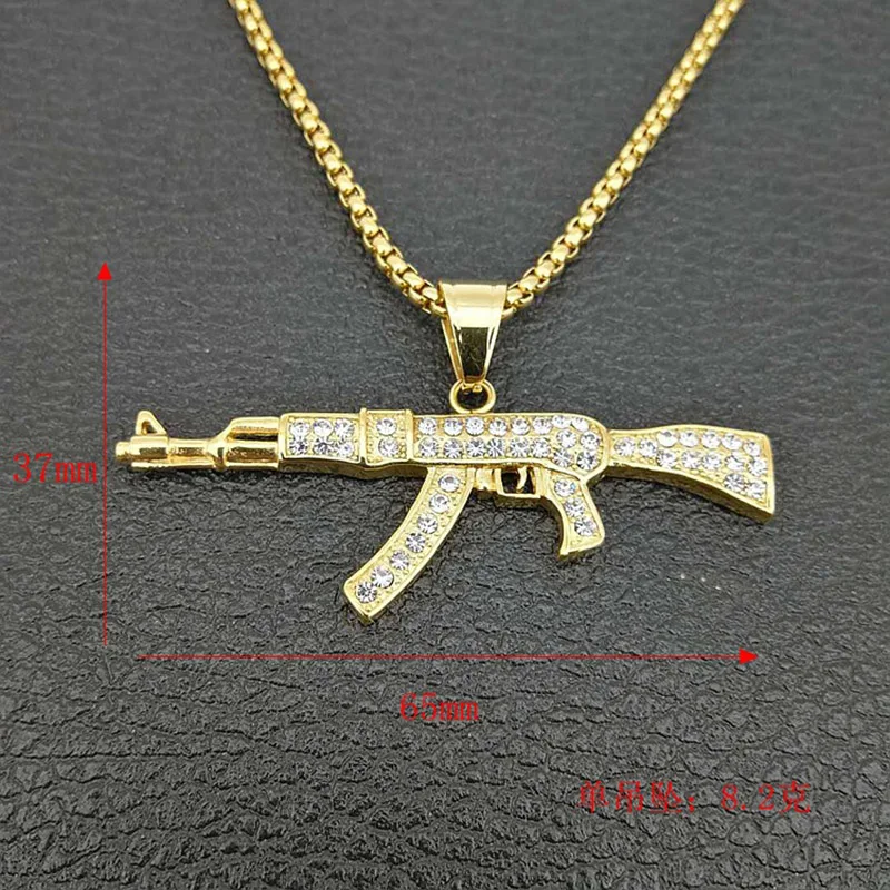 Hip Hop Rhinestones Paved Bling Iced Out Gold Silver Color Stainless Steel AK 47 Gun Pendants Necklace for Men Rapper jewelry