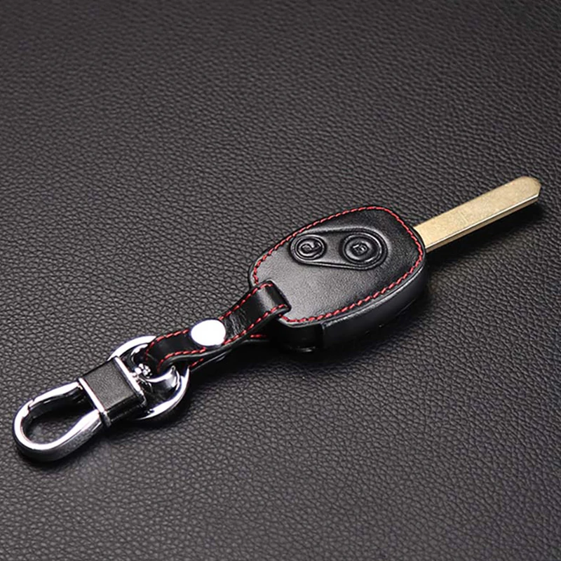 Genuine Leather Car Key Case Cover Key Chain Ring holder for Honda Accord Civic CRV Pilot Remote Key, 2 Buttons Protect cover