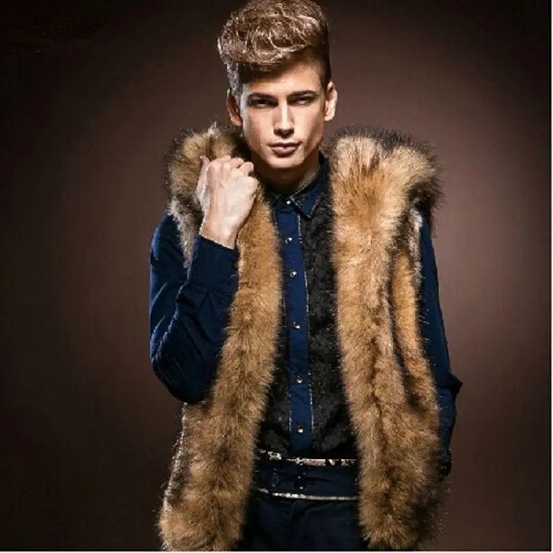 New Fashion Winter Men Fur Vest  Thick Fur Hooded Vests Men Waistcoats Males Sleeveless Outerwear Brand Clothing Coat Vests