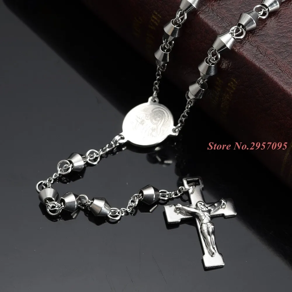 Womens Mens Necklace 4/6mm Stainless Steel Bead Rosary Chain Jesus Christ Cross Pendant Charm Jewelry