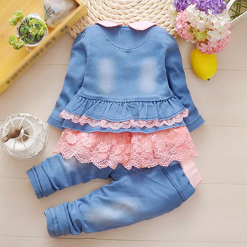 Spring Autumn Infant Toddler Baby Girl Denim Clothing Sets 3 pcs Long Sleeve T Shirt Tops Denim Jacket and Jeans Trousers