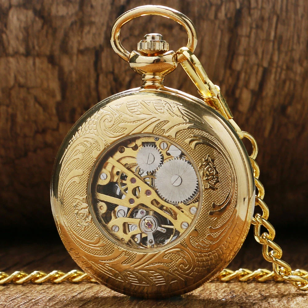 Antique Steampunk Luxury Golden Shield Design Skeleton  Dial Mechanical Hand Winding Pocket Watch For Men Women Gift With Chain