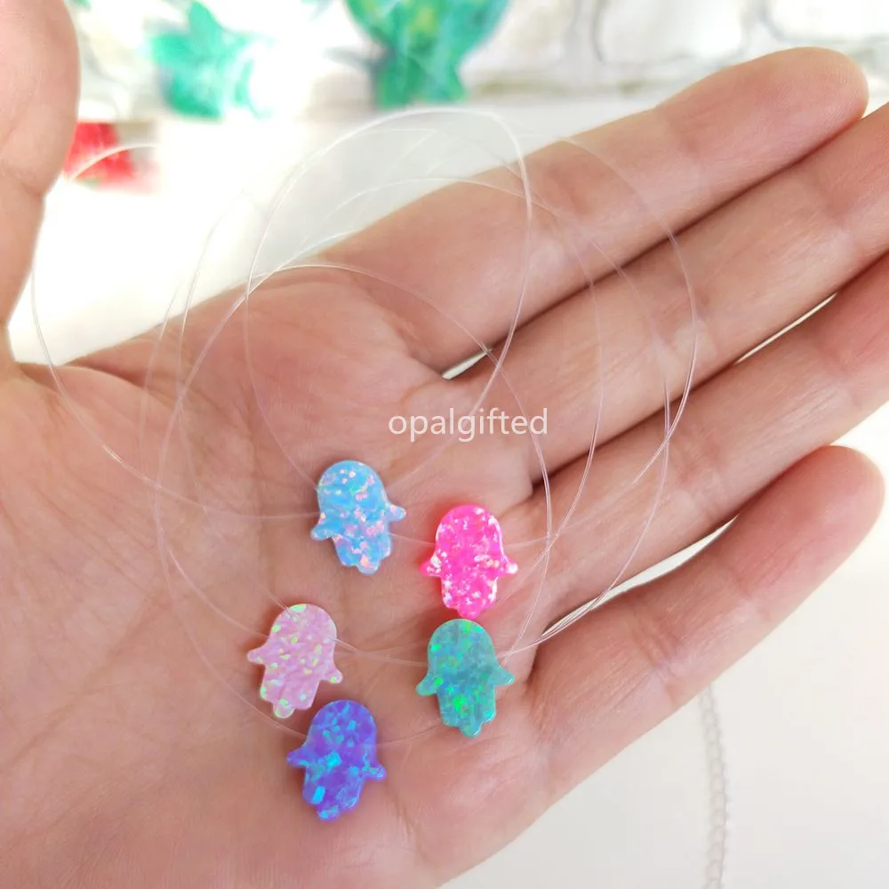 Hot! (1pc/lot)Free Shipping Transparent Nylon Chain mix color Opal Hamsa Necklace Fatima Hand Fire Opal Necklace For Women gift