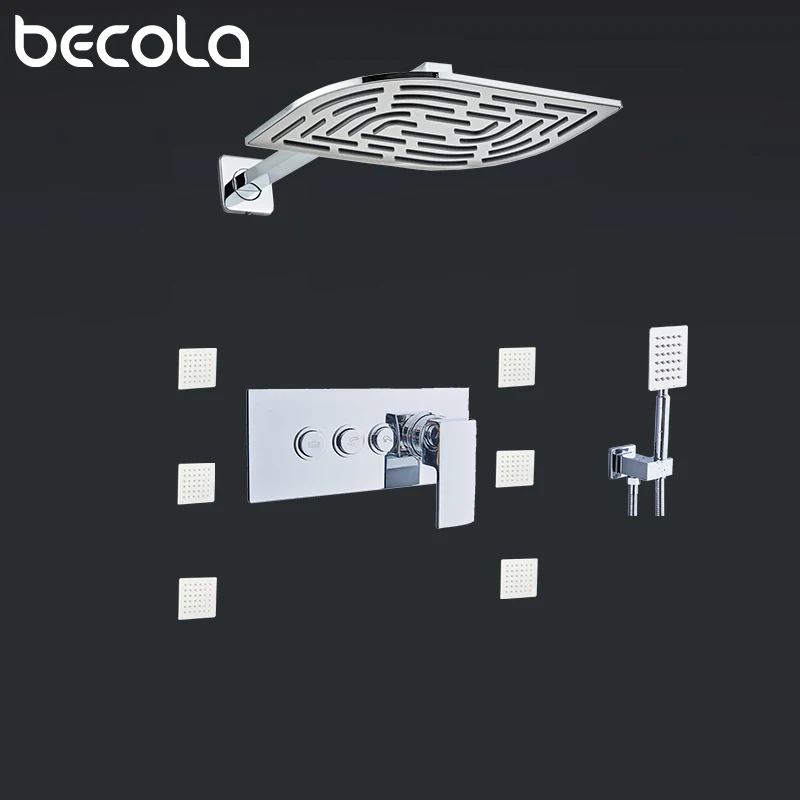 

BECOLA Thermostatic Bath Room Shower Faucets 12" Mixing-valve Wall-mounted Shower Head 6 Massage Jets Spa Body Spray Shower Set