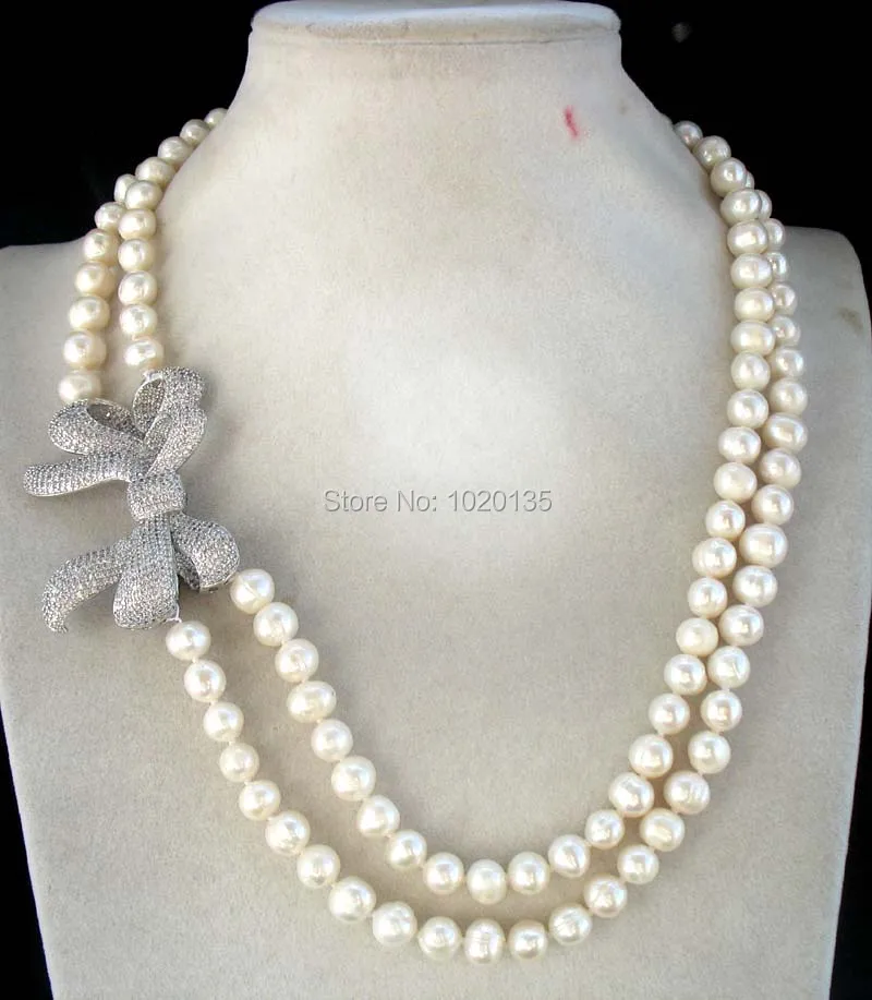 

one set 2rows freshwater pearl white near round 8-9mm and bowknot necklace bracelet 19-20inch fashion for gift