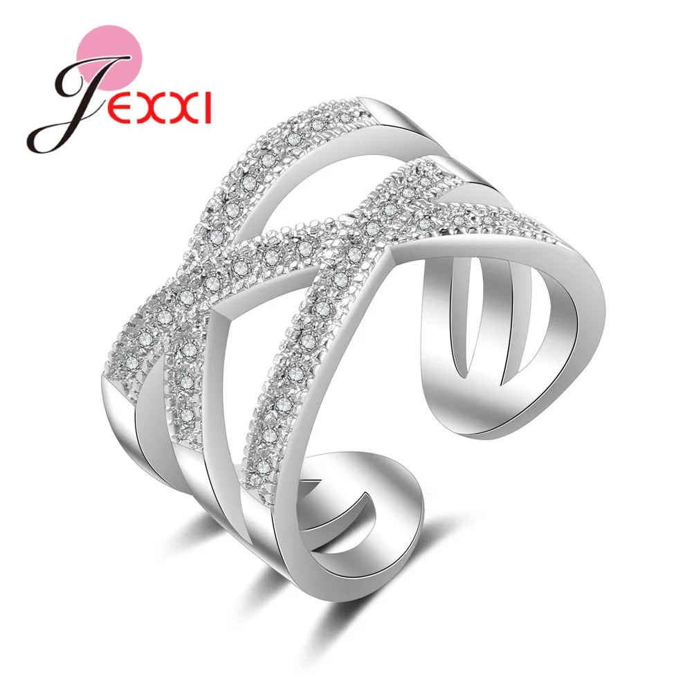 Simple Design Cross Wide Ring For Women 925 Sterling Silver Jewelry Adjustable Anel Pave Sparking Crystal Wholesale Anel