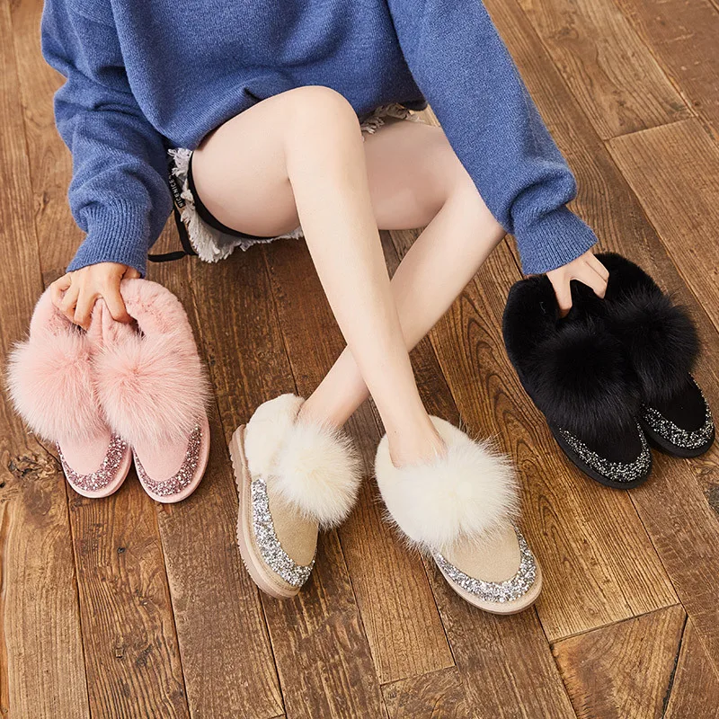 SWYIVY Shoes Women Snow Boots 2019 Woman Winter Boots Rabbit Fur Warm Velvet Casual Shoes Black Female Sequins Slip On Winter