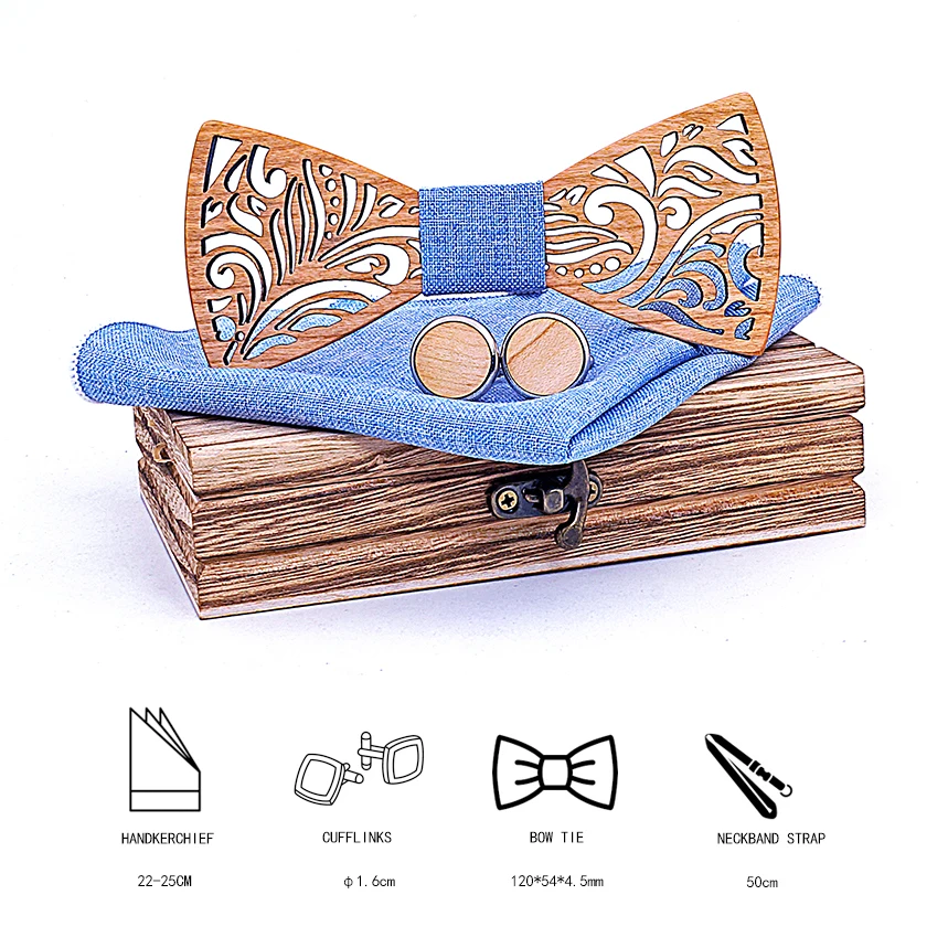 Cut Out Wooden Bow Ties for Men ties Wood Bowtie Handmade Butterfly Wood Bow Tie Gravata gift Cufflink handkerchief Set