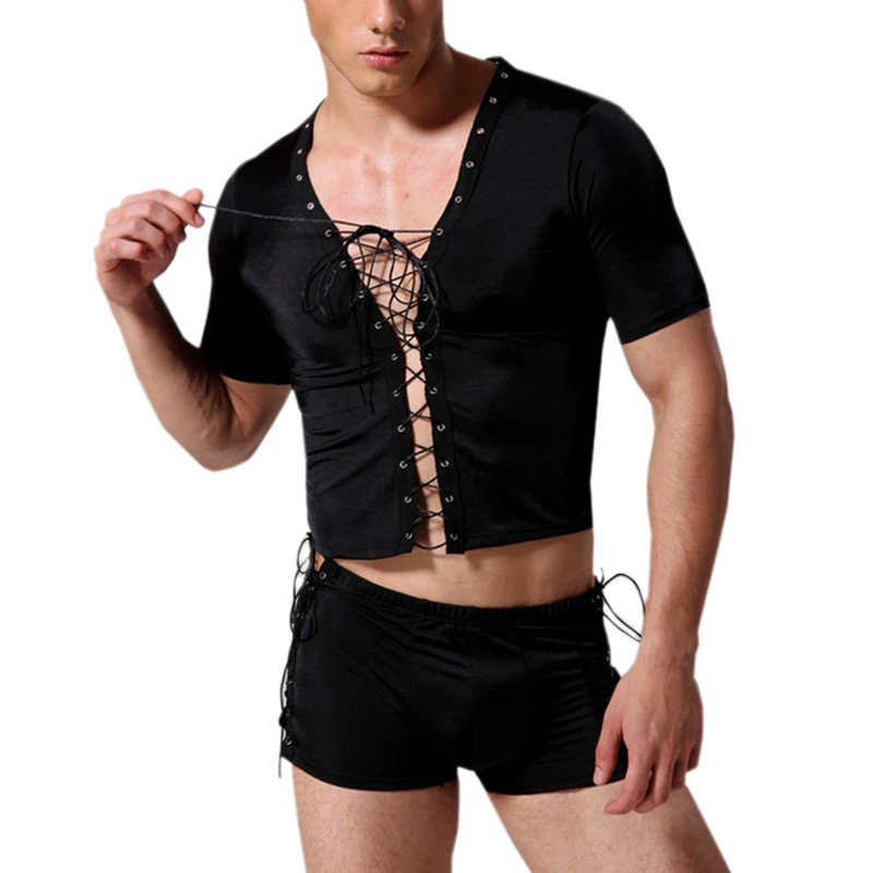 

Male Sexy Lingerie Body Stocking Hot 2 Pieces Undershirts and Boxers Exotic Apparel Bondage Fishnet Gay Men Underwear Set