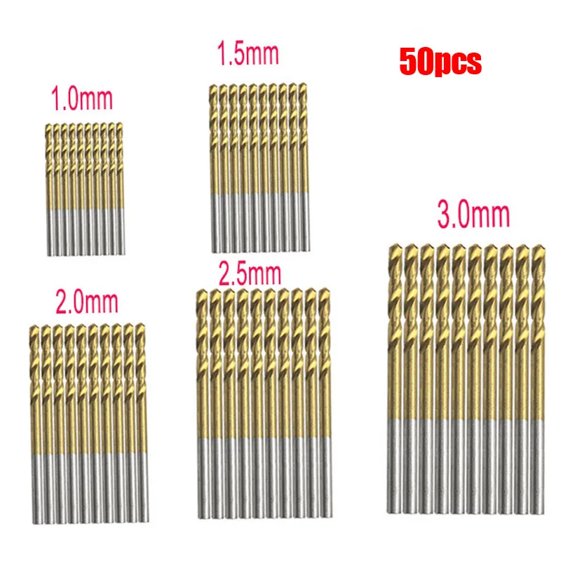 50Pcs Titanium Coated HSS High Speed Steel Drill Bits Set Power Tools 1mm 1.5mm 2mm 2.5mm 3mm