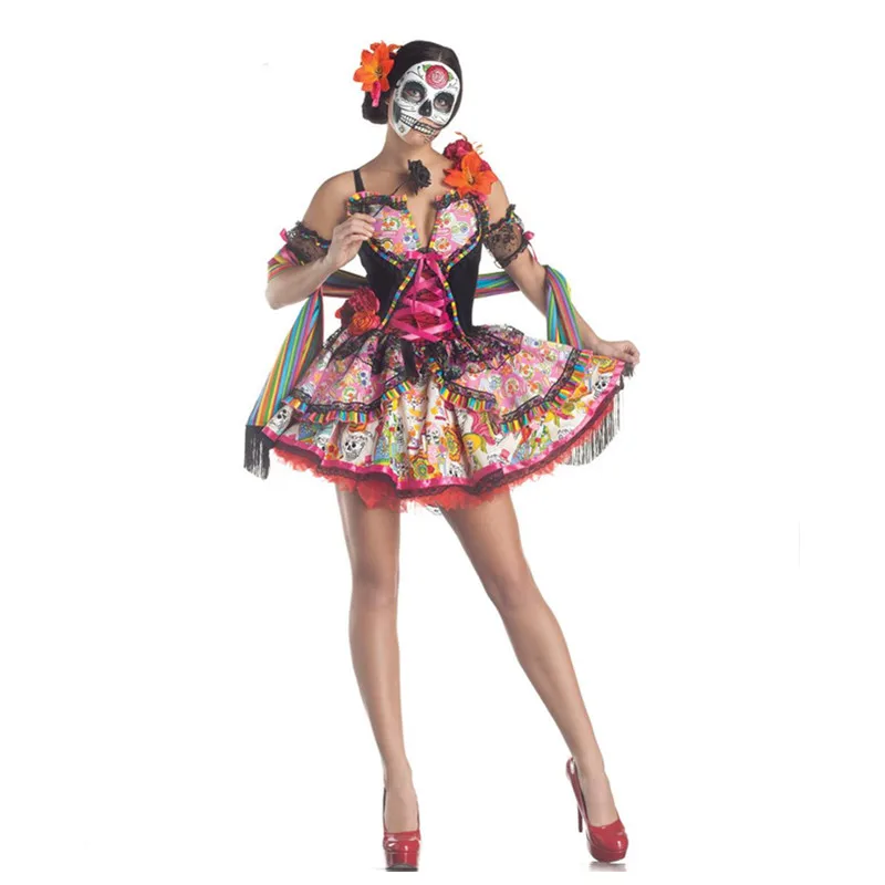 Skeleton day of The Dead Costume Women's Sexy Sugar Skull Flower Fairy Halloween ghost vampire bride Fancy Dress