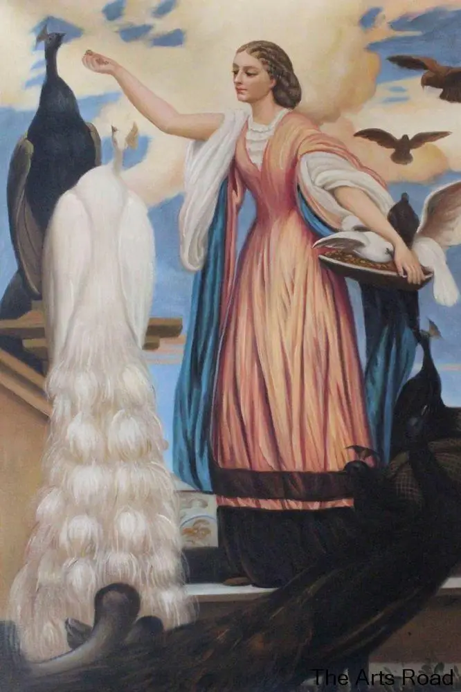 

New Arrival Frameless Oil Painting on Canvas Girl Feeding Peacocks by Lord Frederic Leighton Portrait Painting Handmade