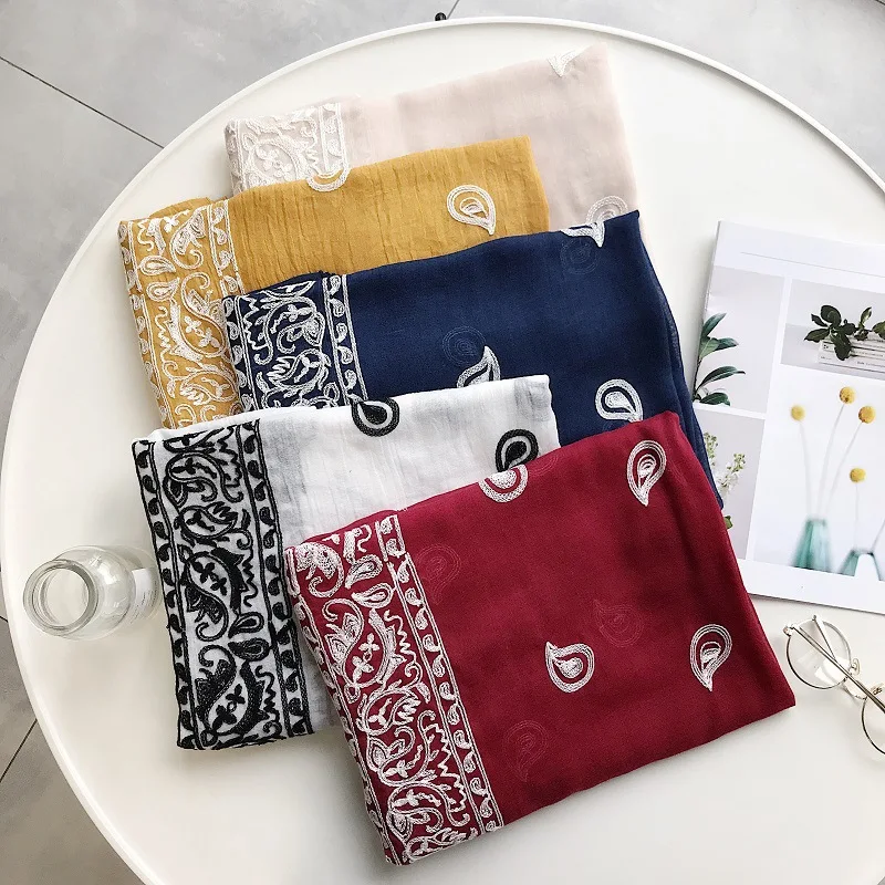 2023 Plain Embroider Cashew Floral Scarf Women Fashion Long Viscose Scarves Lady Stitch Shawls and Wraps Muslim Hijab Foulards