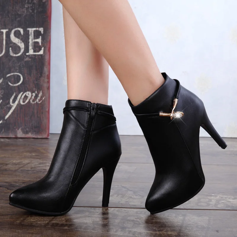 2021 Spring Autumn Stiletto Thin High Heels Pointed Toe Faux Leather Zipper Style Sexy Ankle Womens Boots  botas mujer 756