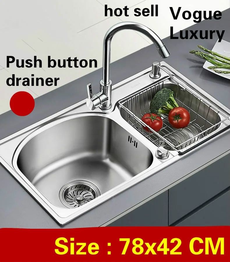 

Free shipping Apartment kitchen double groove sink push button drainer luxury 0.8 mm 304 stainless steel hot sell 780x420 MM