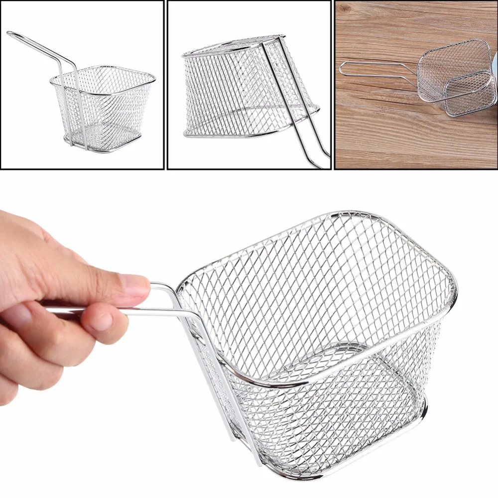 

10pcs/lot Fry Baskets Stainless Steel Fryer Basket Strainer Serving Food Presentation Cooking French Fries Basket Tool QA 043