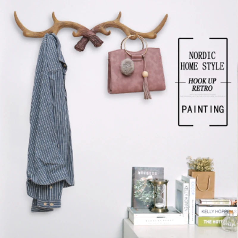 Retro American Style Creative Antlers Hook Deer Head Wall Hanging Bag Key Hook Coat Hook Racks Hanger Holder Modeling Wall Decor