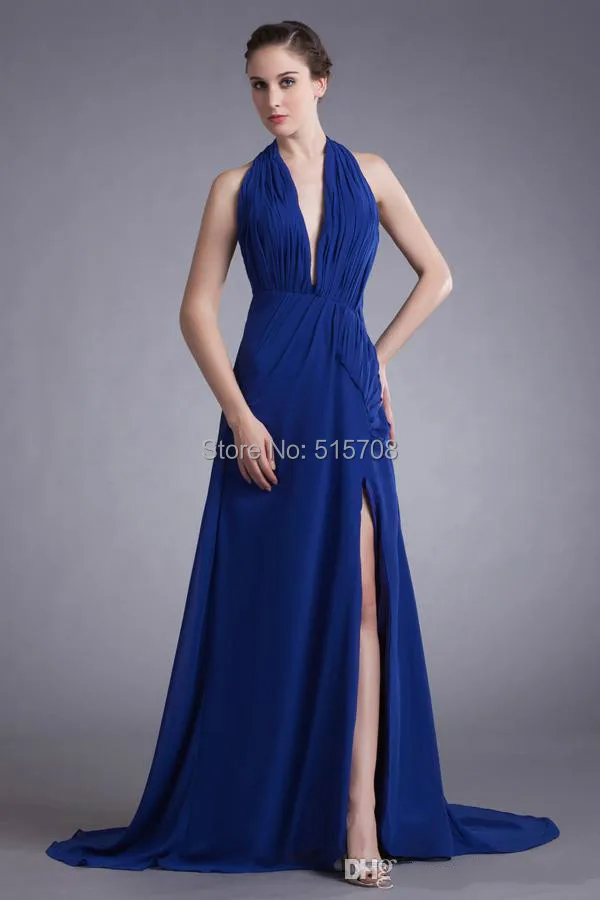 

Simple Blue A Line Evening Dresses Sexy Deep V Neck Backless Sweep Train Chiffon Formal Long Prom Dresses Party Dresses 2015