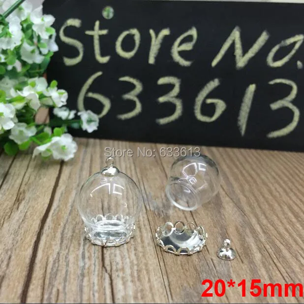 

Free Ship 100sets/lot 20mm (15mm opening) Glass globe & setting silver lace base & cap finding glass bottle vials jewelry making