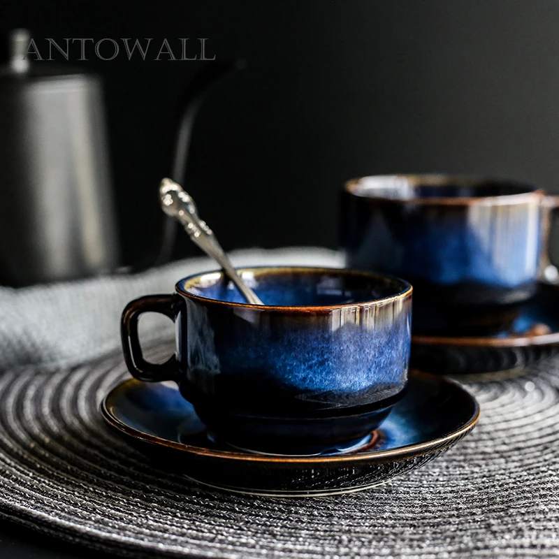 ANTOWALL Dim Blue Series Ceramic Coffee Cup and Saucer Set Breakfast Cup Afternoon Tea Cup Simple Retro Tableware