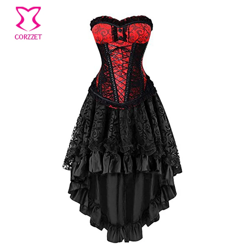 

Red and Black Brocade Steel Boned Steampunk Overbust Corset Dress Women Victorian Party Masquerade Gothic Corset Skirt Clothing