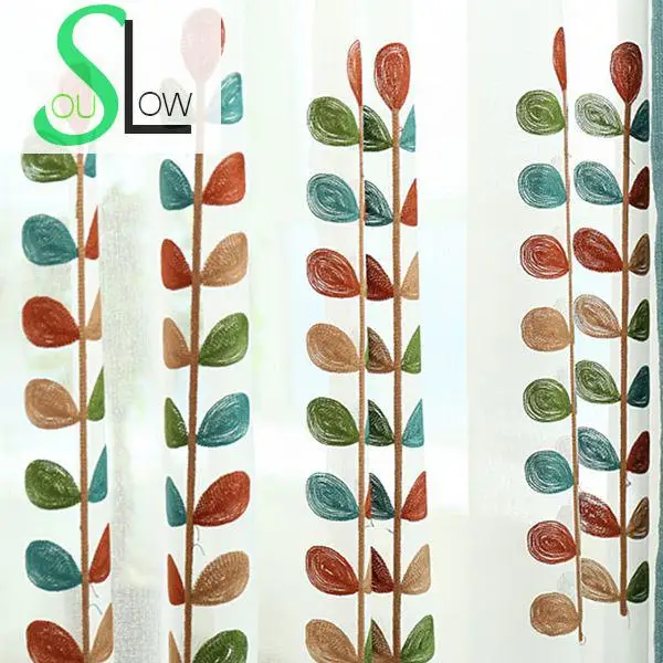 High Quality Coral Embroidered Voile Curtains Leaves Tulle Window Curtain Leafs Japanese  Korean For Living Room Bedroom Luxury