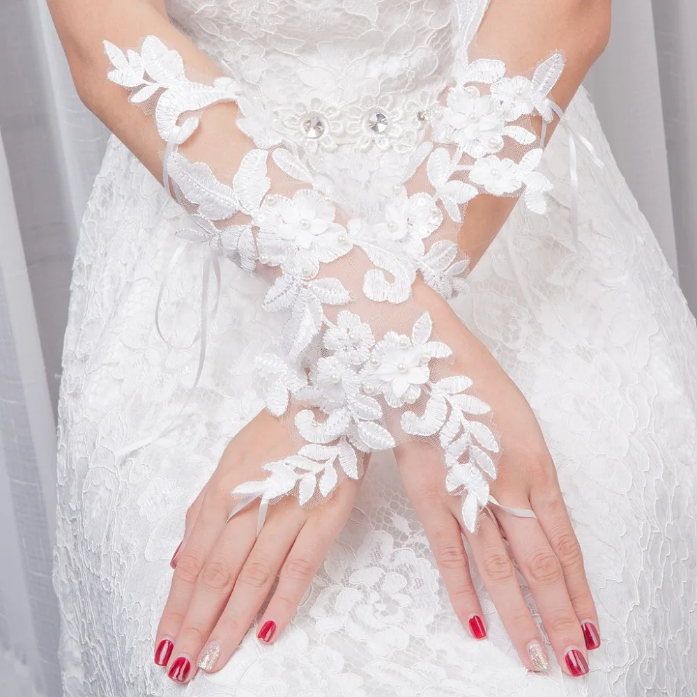 JaneVini-guantes de novia largos y delicados con perlas, 2018, sin dedos, con encaje floral, accesorios para boda