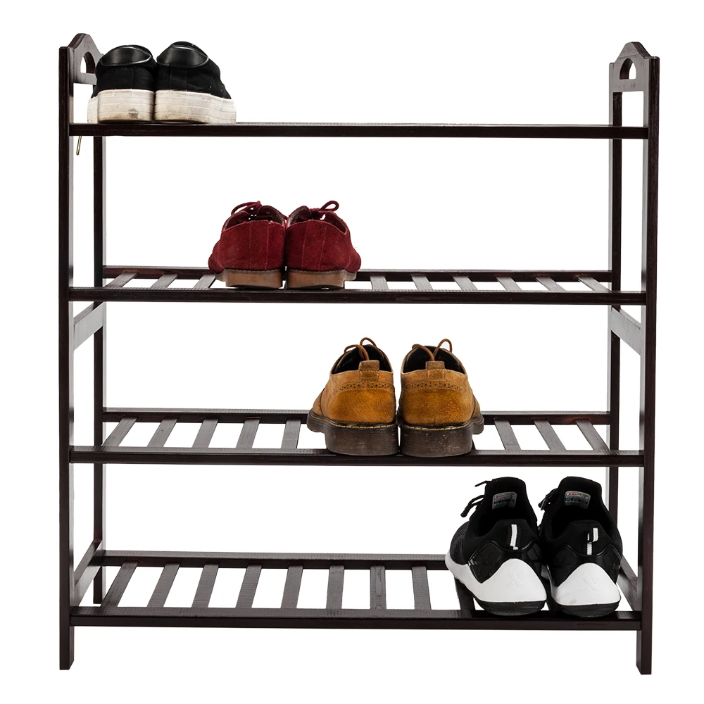 Bamboo Shoe Rack Concise 12-Batten 4 Tiers Utility Shoe Shelf Rack Storage NonSlip Shoe Organizer Space Saver Coffee - US Stock