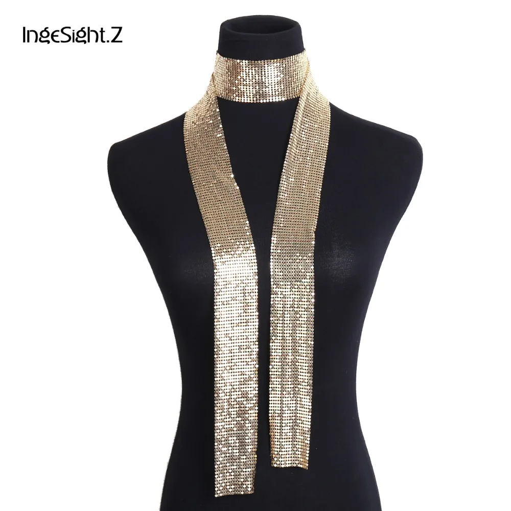 IngeSight.Z Vintage Aluminium Net Choker Necklace Collar Statement Colorful Sequins Long Chain Necklace Scarf for Women Jewelry