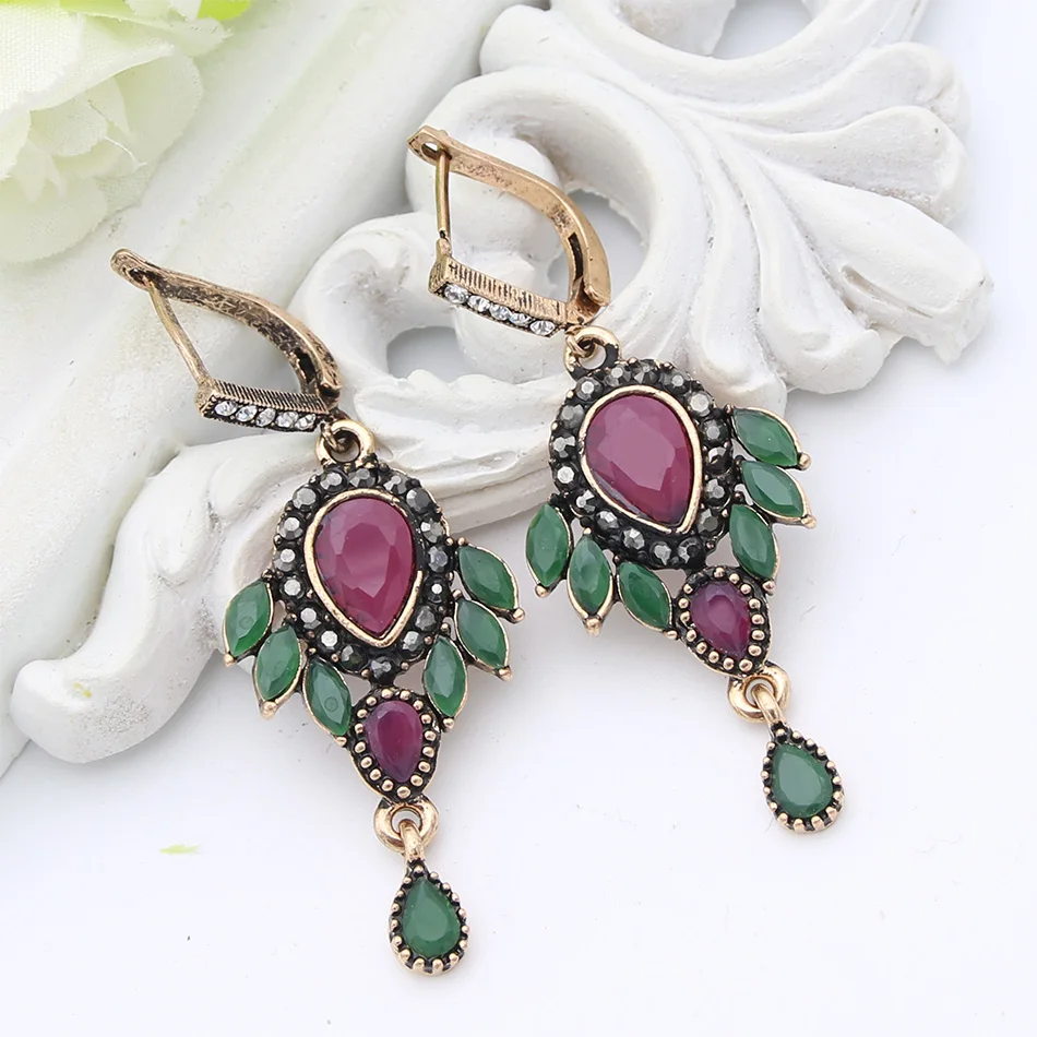 India Bride Water Drop Resin Flower Earrings Hollow Fireworks Long Hook Earring Vintage Jewelry Antique Gold Color Arabia Dance