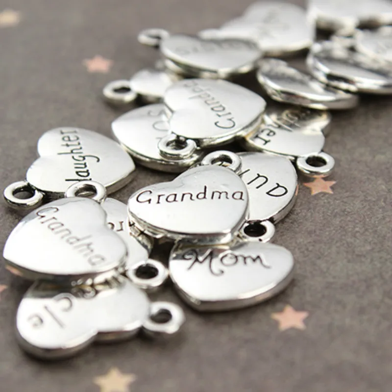 20pcs Mixed Antique Gold Color Heart Charms Family Grandpa Grandma Daughter Son Mom,Dad Brother Sister Letter Charms