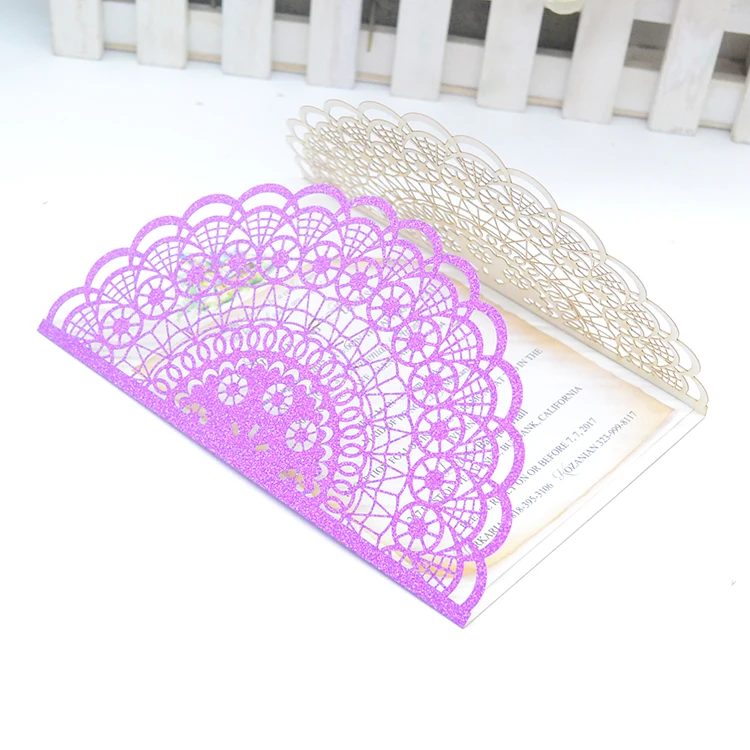 Rectangle shaped laser cut luxury glitter paper wedding invitation cards