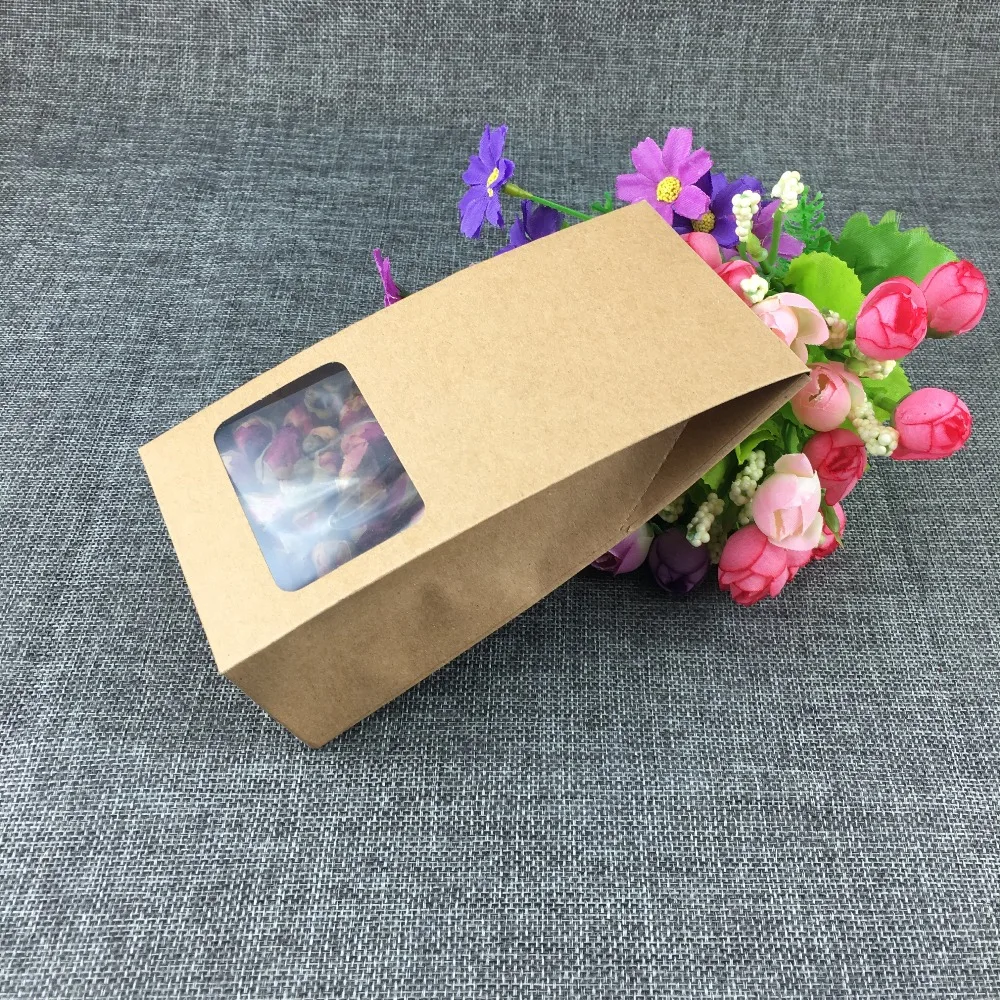 

50pcs 8*5*16cm stand up window brown kraft paper bags/boxes recyclable for wedding/Gift/Jewelry/Food/Candy Package Paper Box