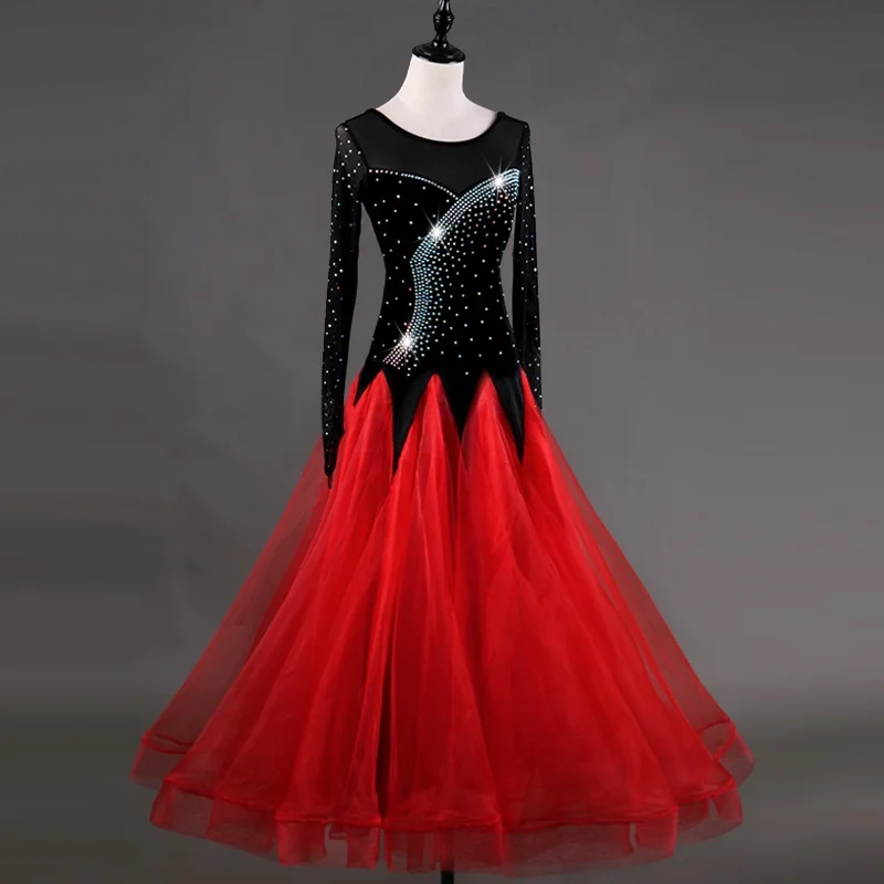 

Ballroom Dance Dresses Long Sleeve foxtrot Dancing Skirt Women Stage Waltz Ballroom Dress red MQ026