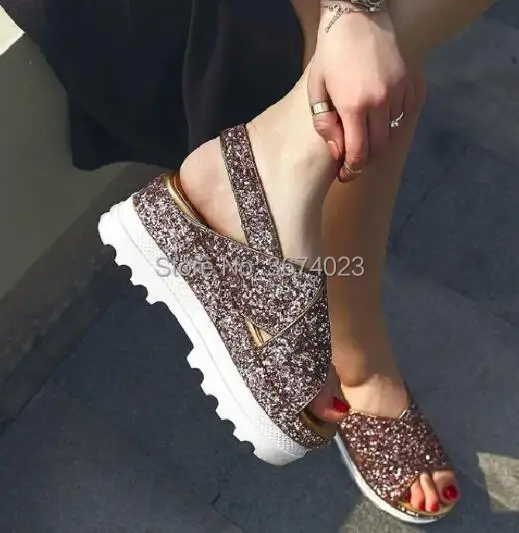 Qianruiti-Sandales à plateforme scintillante pour femmes, Peep Parker, Bling Wedges, Optics Heels, Street Casual, Slingbacks, Outdoor, Summer, 2018