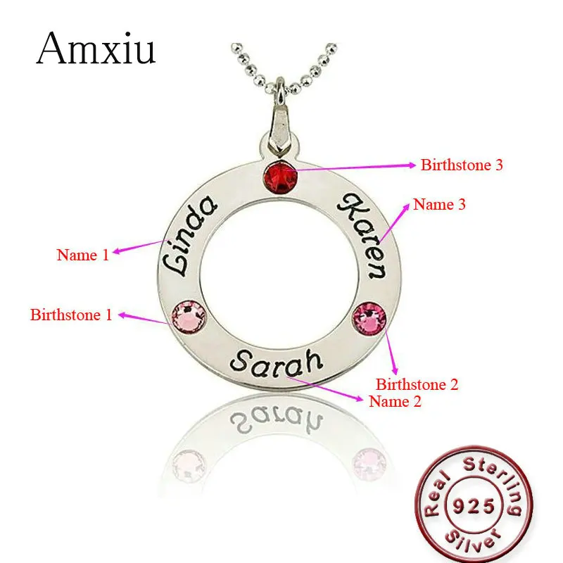 

Amxiu Custom Real 925 Silver Jewelry Engrave Three Names Necklace Pendant Round Cubic Zircon Necklace For Mother Women's Gift