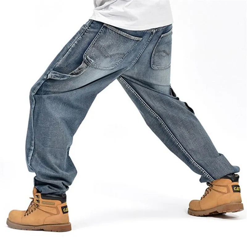 ABOORUN Hip Hop Men's Baggy Jeans Blue Multi Pockets Cargo Jeans Male Loose Skateboard Denim Pants P3071