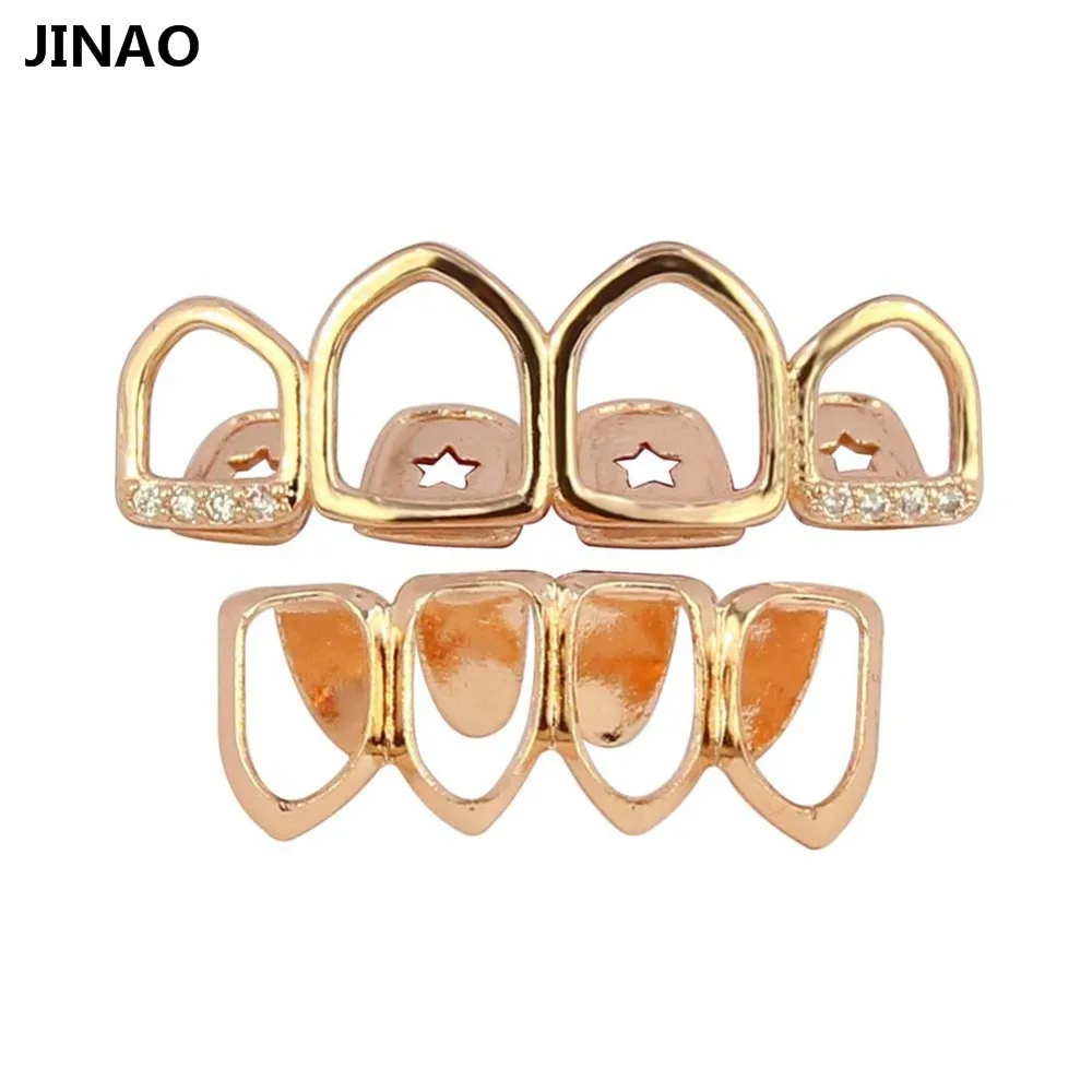 JINAO Grill Set Gold Color Plated Four Full Open Face Hollow Tooth Grillz Top with CZ & Bottom Teeth Grills Sets For Men & Women