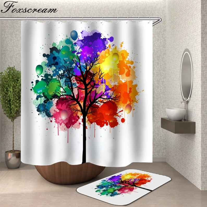 

foxscream Colorful Tree Bath Curtain Shower Curtains Bathroom Decor With Hooks Polyester Curtains Or Mat