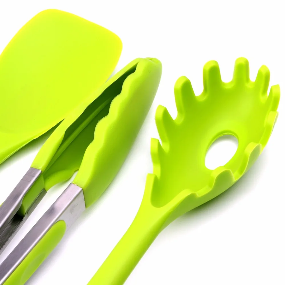 10Pcs/Set Green Heat Resitant Non-stick Silicone Kitchen Utensils Set Cooking Bake Tool Spatula, Spoon, Brush, Wisk, Tong