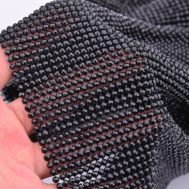 JUNAO 45*120cm Black Gold Crystal Mesh Fabric Rhinestone Applique Aluminum Metal Trimming Resin Strass Ribbon for Dress  Crafts