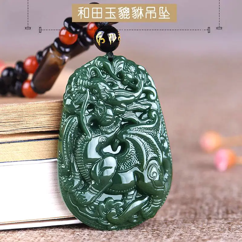 Natural Green Gray Jade Hand-Carving Chinese Ancient Lucky Mythical Animals Kylin Pendant Necklace Amulet+Gift Box+Certifica