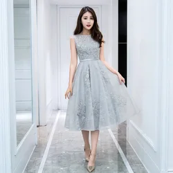 Evening Dresses 2019 New Spring Banquet Party Dress Illusion O-neck Tea Length Appliques Silver Prom Dress Robe De Soiree