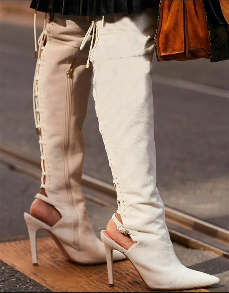 

Beige Black Back Buckle Design Over The Knee Boots Slingback High Heel Shoes Woman Catwalk Over The Knee Thigh High Heeled Boots