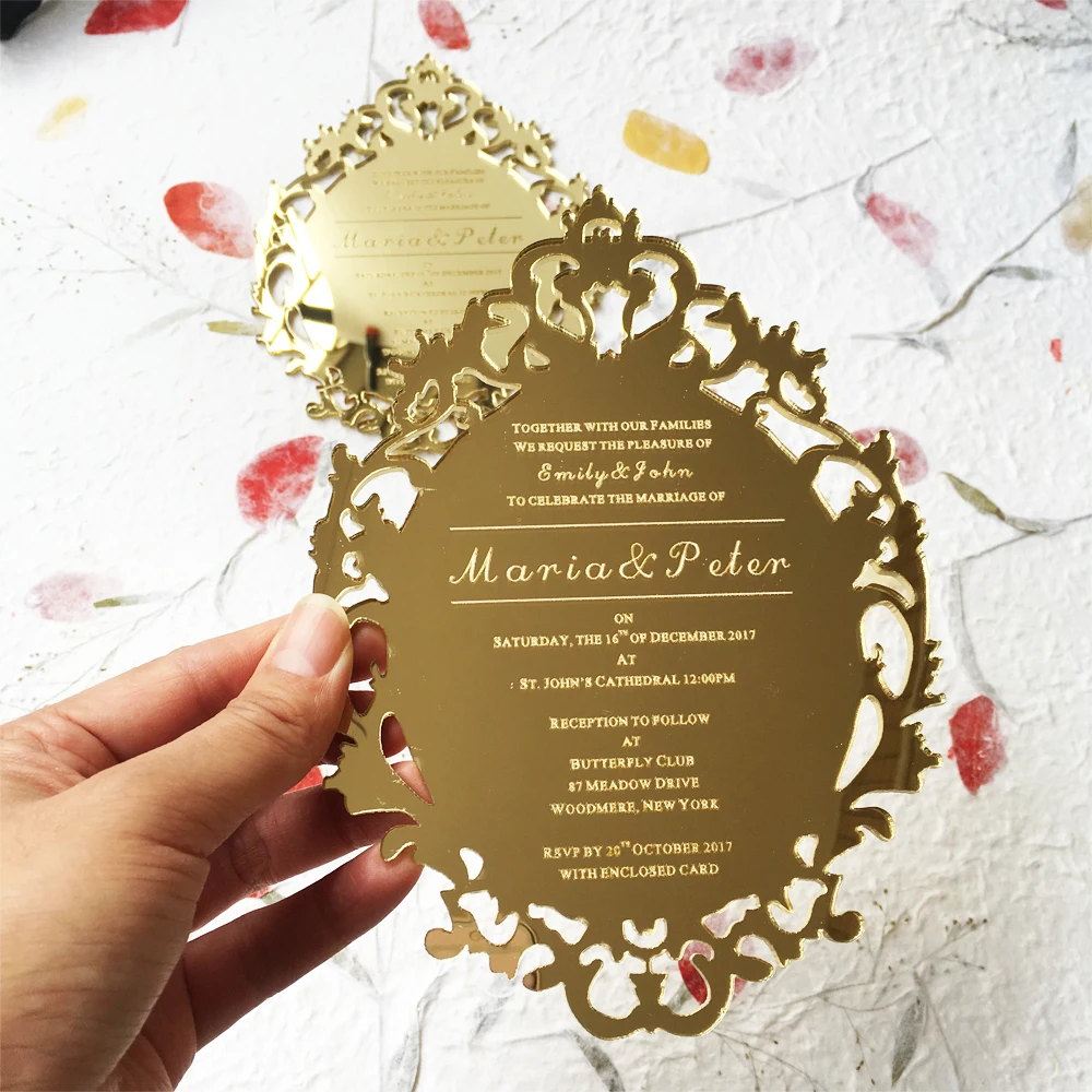 Customized 5x7inch Laser Engraved letters Vintage Hollow Style Golden Mirror Acrylic Invitation Card 100pcs Per Lot