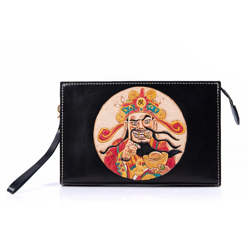 

Women Men Vegetable Tanned Leather The Cigar-smoking God Of Wealth Bag Money Holder Clutch Purse Clutches Cow Lerther Envelope