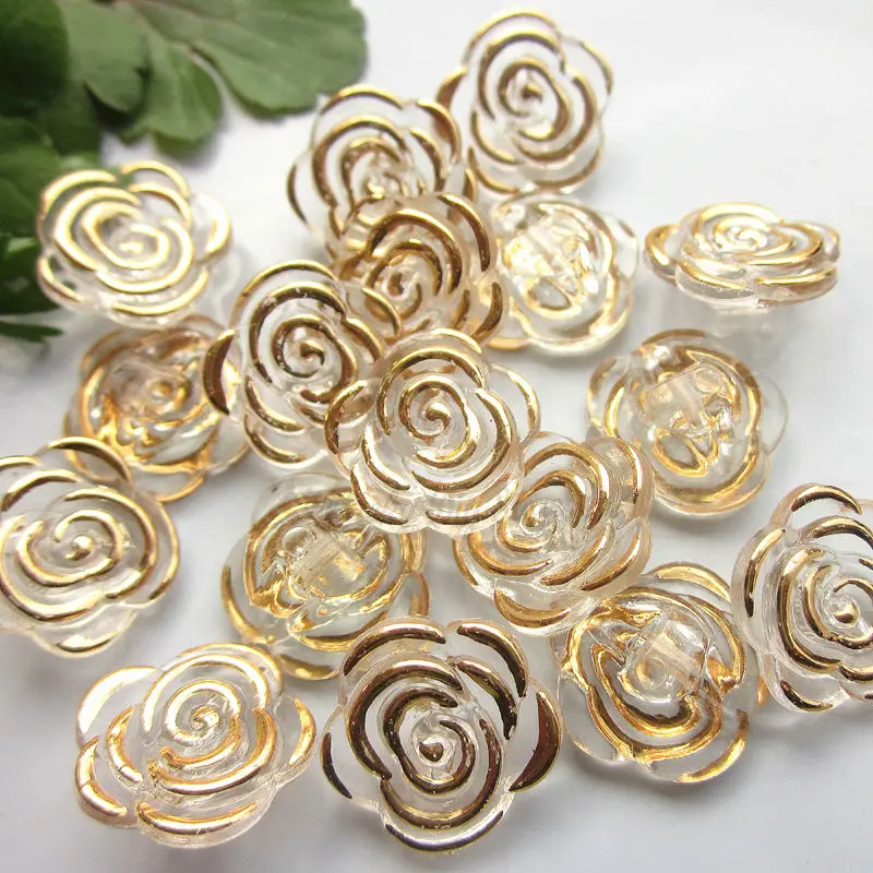 50pcs 12.5mm Gold Edge Transparent Rose Flower Acrylic Buttons for Decoration Handmade Craft Sewing Accessories