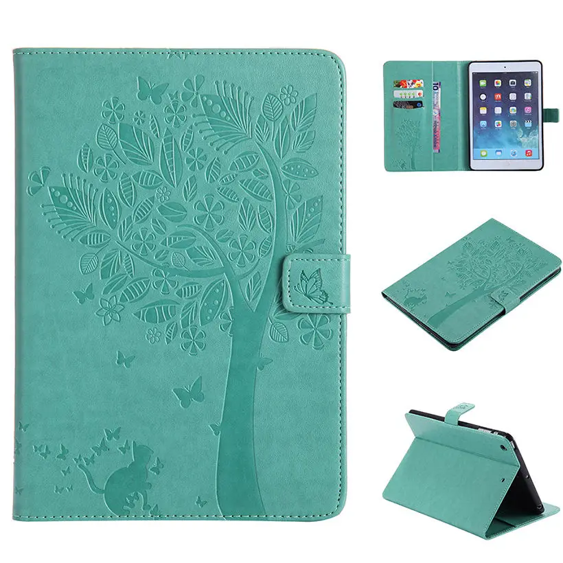 For Funda iPad Mini 1/2/3 Case Cover Cat Tree Embossed PU Leather Wallet Stand Case with Auto Wake/Sleep Smart Cover Skin Shell