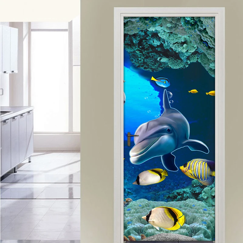 Undersea World Dolphin 3D Door Sticker Wall Mural PVC Waterproof Self-adhesive Bathroom Children Room Bedroom DIY Door Wallpaper